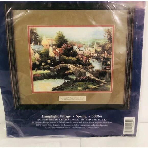 vintage thomas kinkade cross stitch kit with painted background lamp light villa - Picture 5 of 7